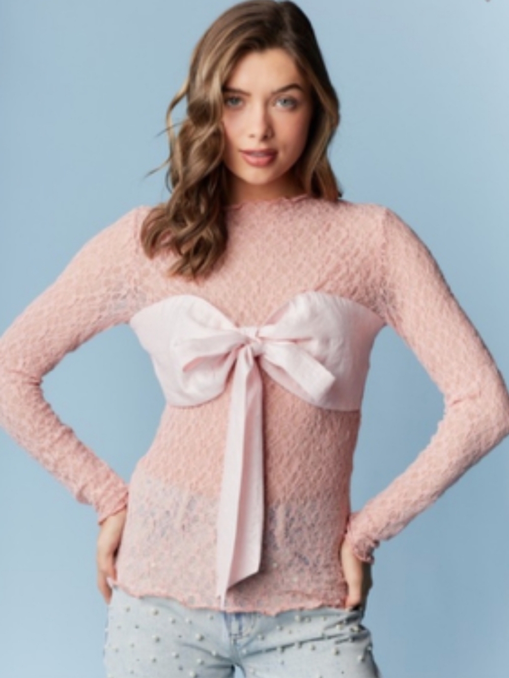 🩷🎀 Pink Sheer Lace Top with Bow Detail